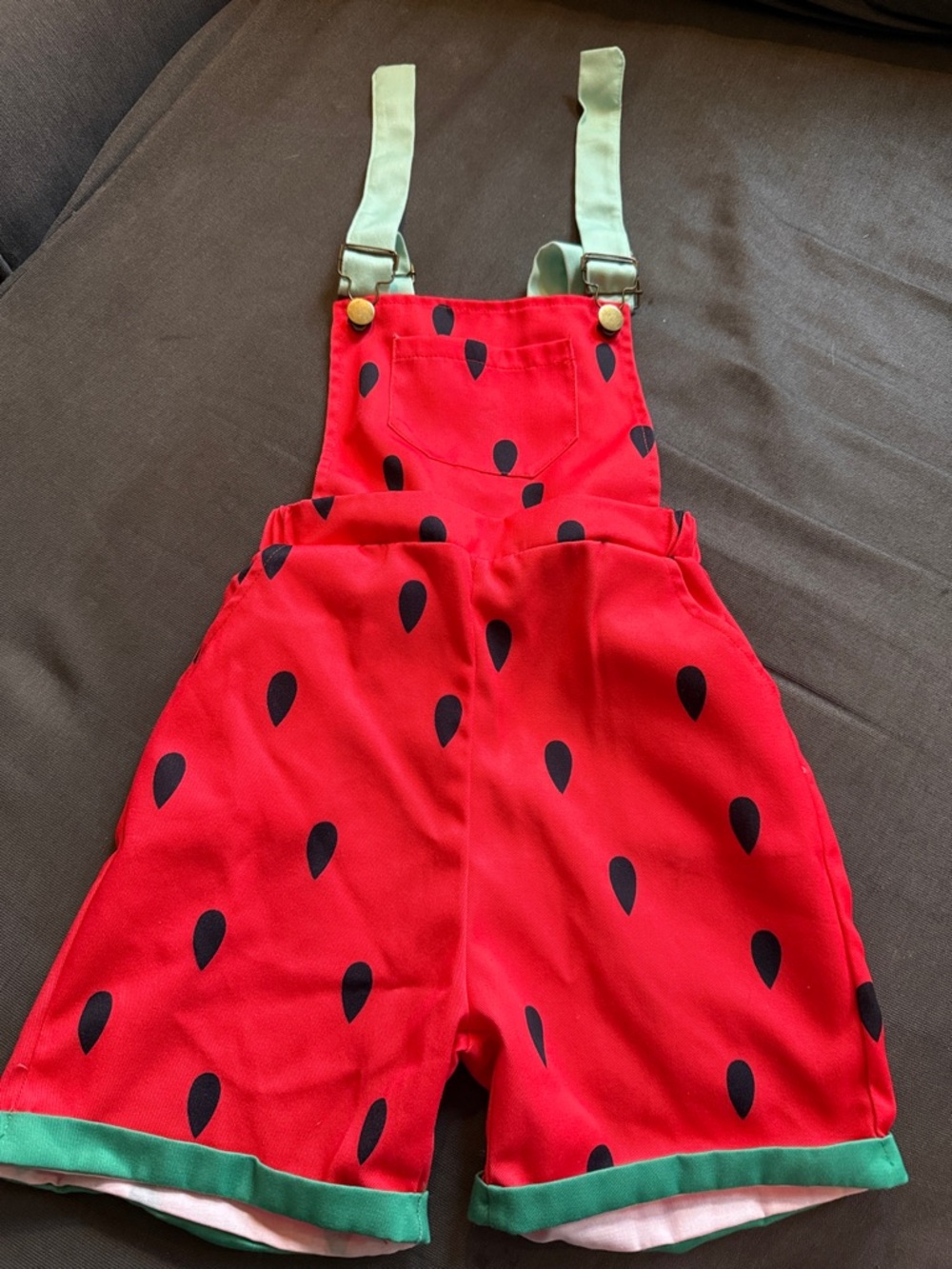 Kids Red Watermelon Print Short Overalls with Green Trim